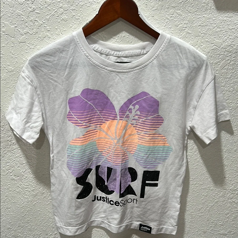 Justice White and Purple Surf Tee Short Sleeve& Green shorts SET size 10 GUC